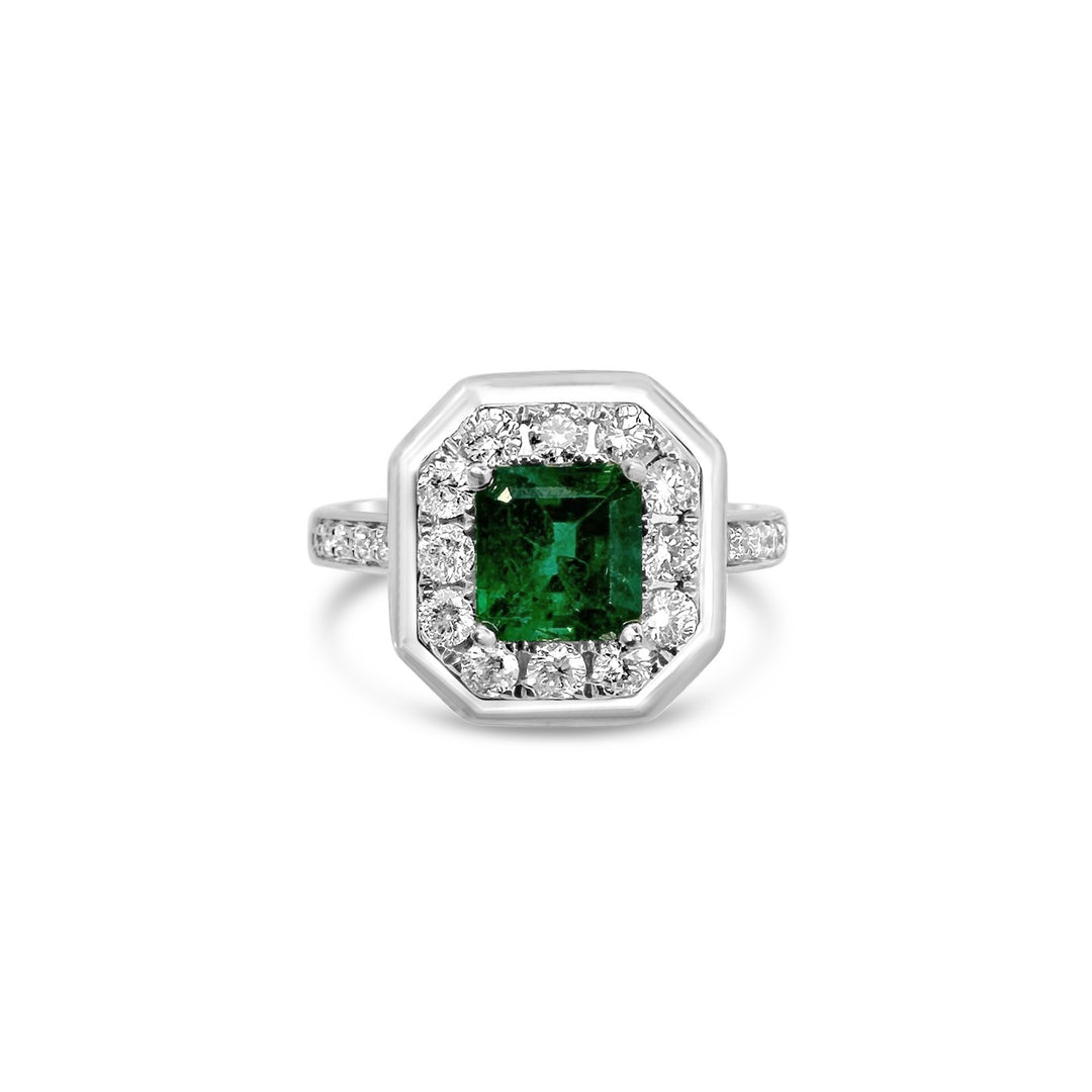 18K White Gold 1.10ct Emerald and .57ctw Diamond Estate Ring