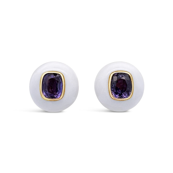 18K Yellow Gold Purple Madagascar Sapphires Enamel Estate Earrings