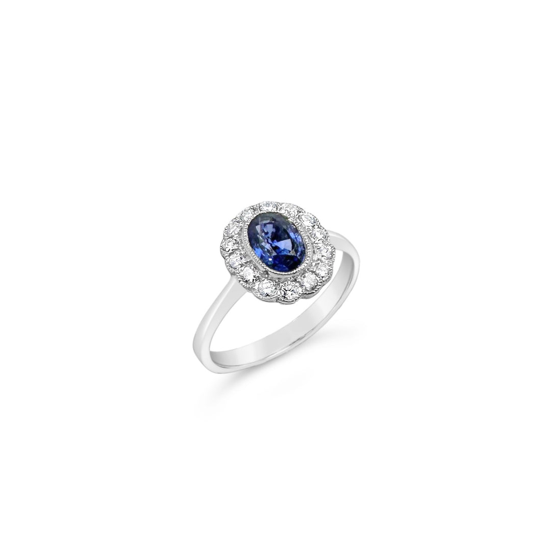 18K White Gold 1.26ct Sapphire & .28ctw Diamond Halo Ring