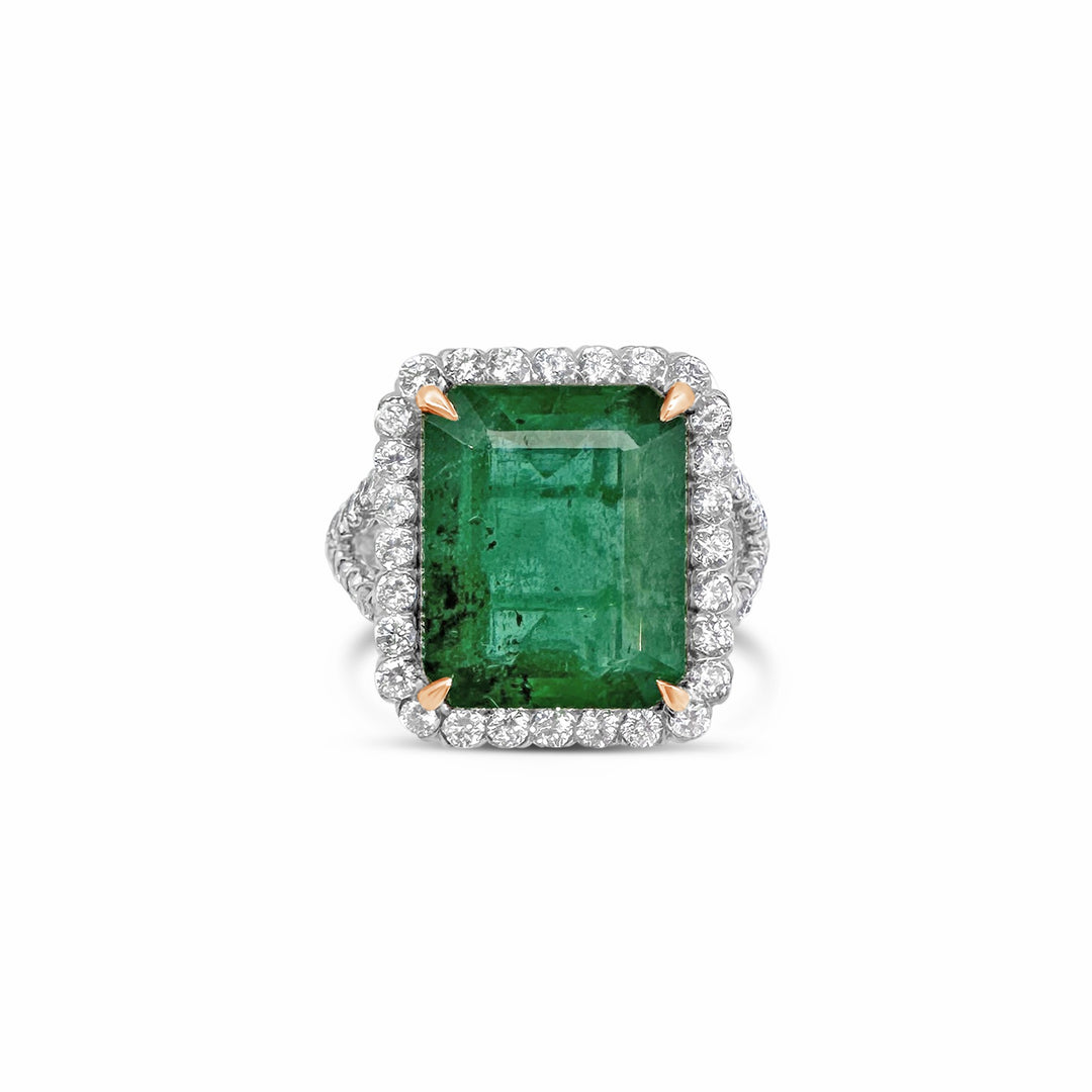 18K White and Yellow Gold 7.27ct Emerald and 1.50ctw Diamond Estate Ring