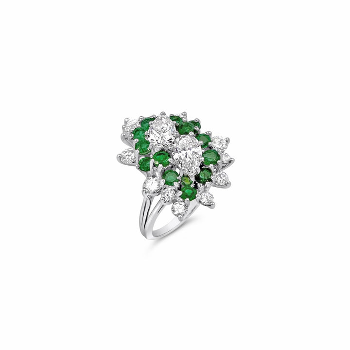 Platinum 1.30ctw Twin Pear Diamonds and 1.20ctw Emerald Estate Ring