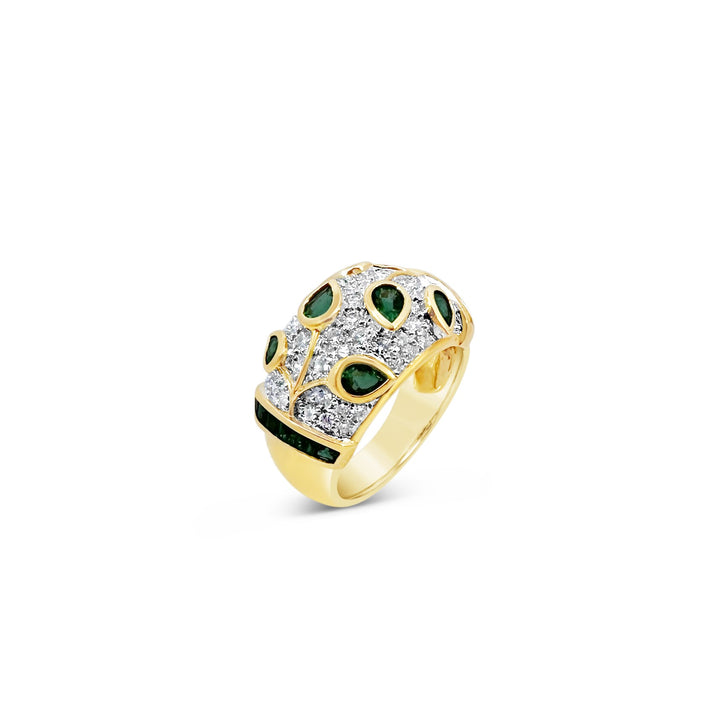 18K Yellow Gold 1.26ctw Emerald and .62ctw Diamond Leaf Band