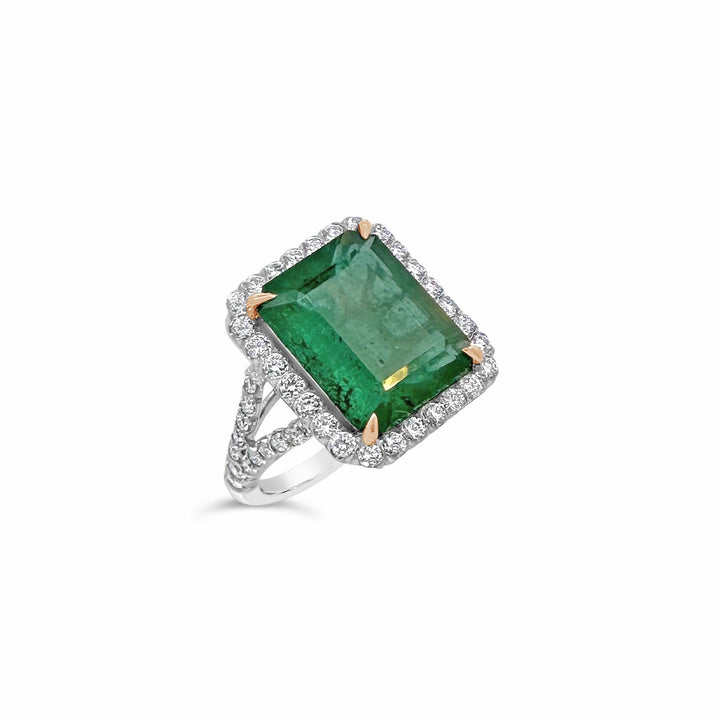 18K White and Yellow Gold 7.27ct Emerald and 1.50ctw Diamond Estate Ring