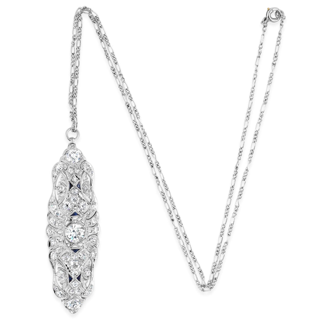 Platinum Old European Cut 1.05ct Diamond and 5.00ctw Diamond with Synthetic Sapphire Estate Necklace