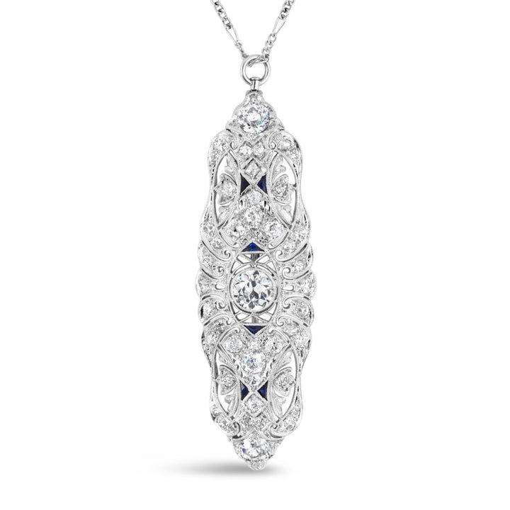 Platinum Old European Cut 1.05ct Diamond and 5.00ctw Diamond with Synthetic Sapphire Estate Necklace