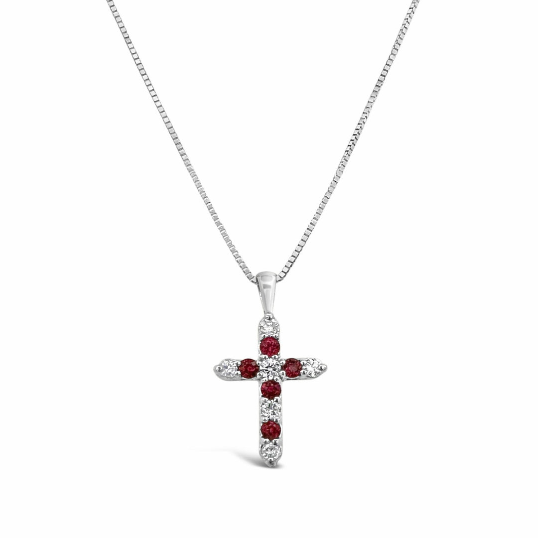 14K White Gold .40ct Diamond and .41ct Ruby Cross Pendant