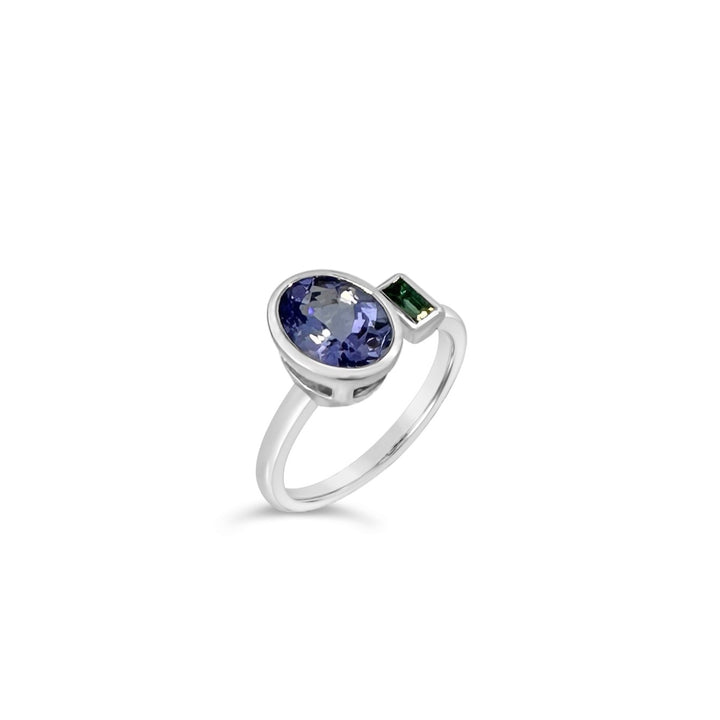 14K White Gold 1.76ct Tanzanite and .13ct Emerald NTF Custom Design Ring