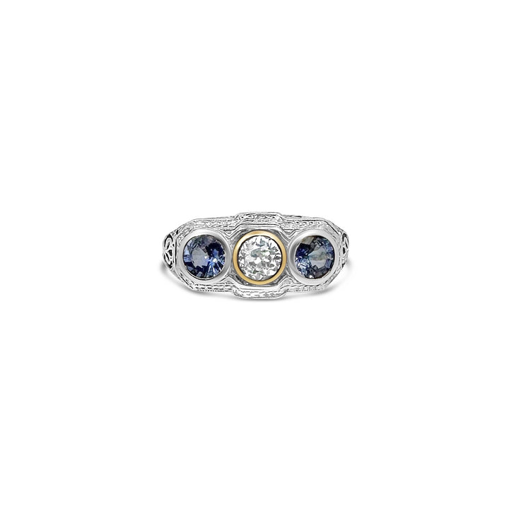 18K White Gold 1.02ctw Sapphire and .40 Old European Cut Diamond NTF Custom Design Ring