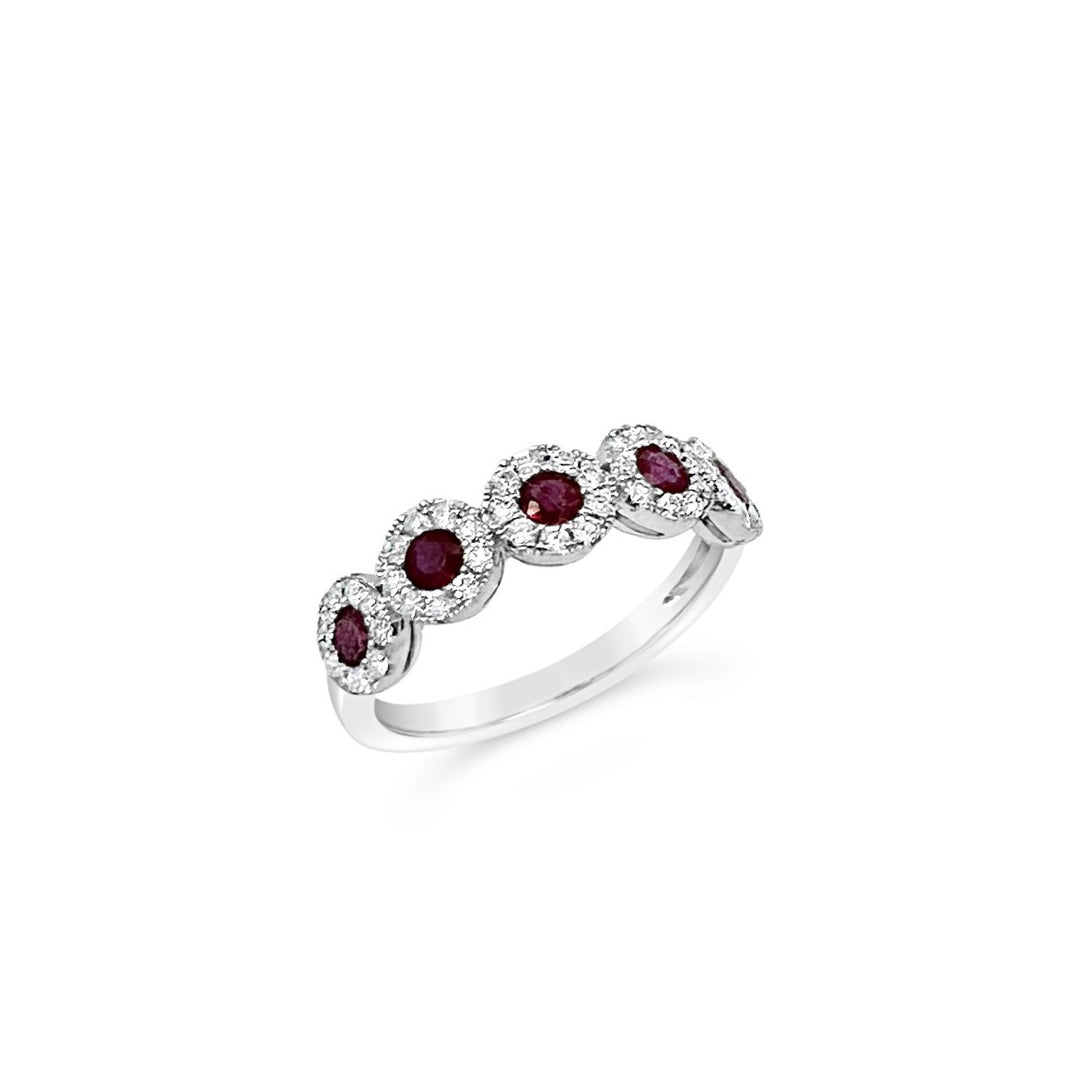 14K White Gold .55 CTW Ruby & .38 CTW Diamond Halo Band