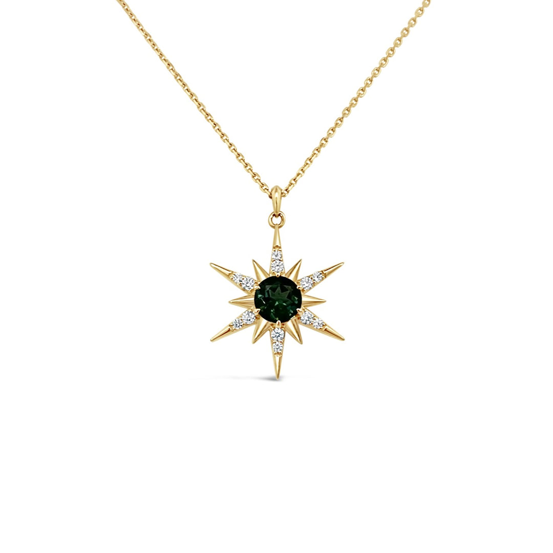 14K Yellow Gold 1.75ct Green Tourmaline and Diamond Star NTF Custom Design Necklace