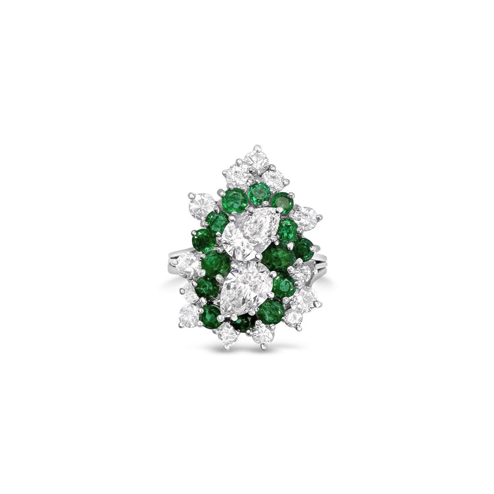 Platinum 1.30ctw Twin Pear Diamonds and 1.20ctw Emerald Estate Ring