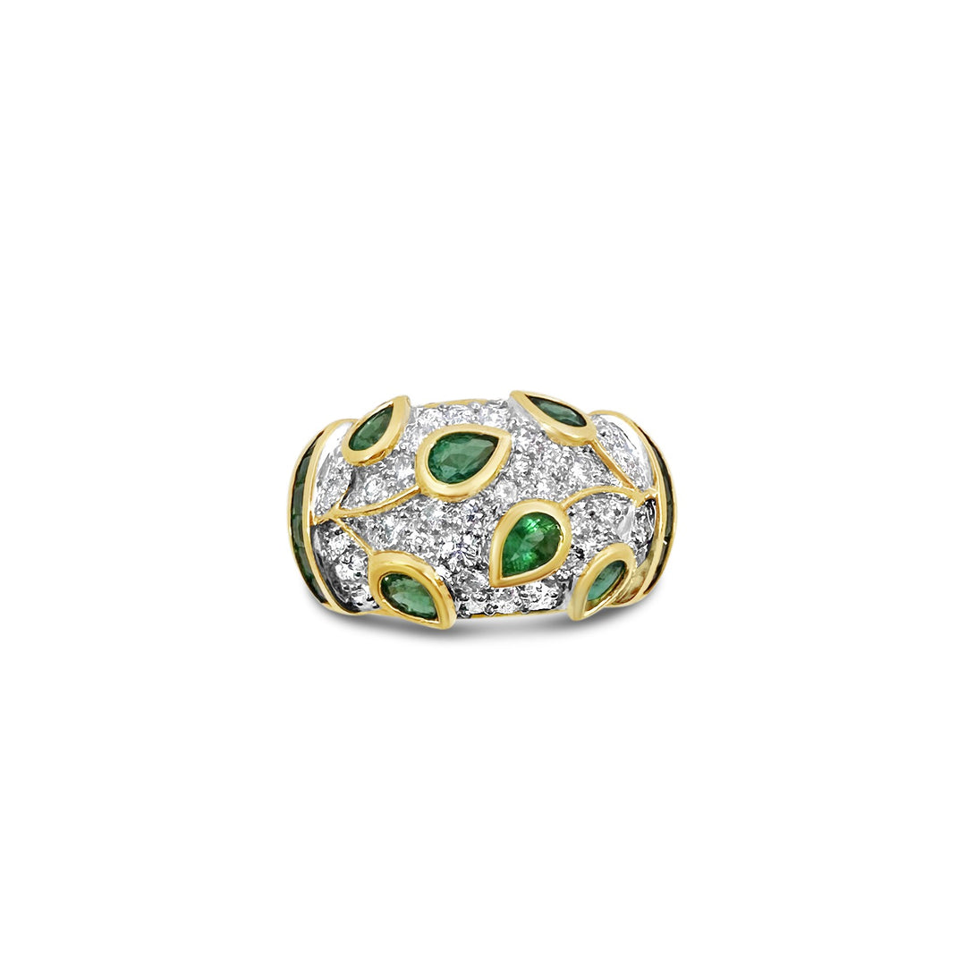 18K Yellow Gold 1.26ctw Emerald and .62ctw Diamond Leaf Band