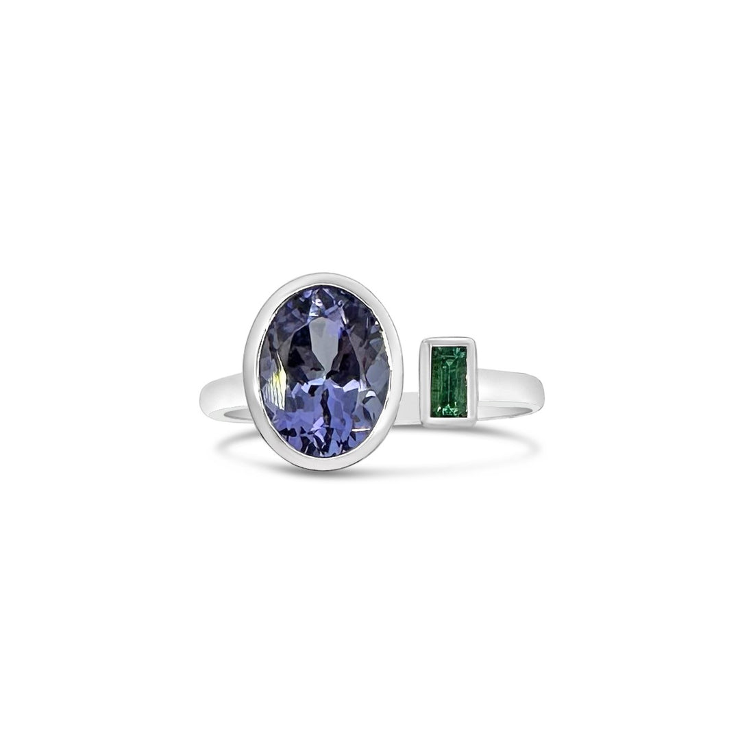 14K White Gold 1.76ct Tanzanite and .13ct Emerald NTF Custom Design Ring